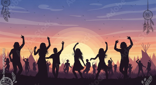 People dancing in silhouette at sunset festival with dreamcatchers and teepees