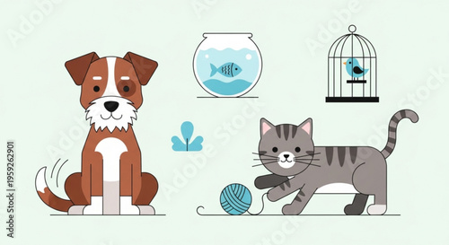 Cute dog and cat with pet accessories on a light green background playful home scene