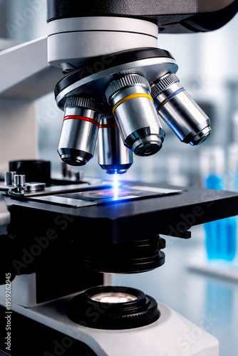 Laboratory Equipment - Optical Microscope. Microscope is used for conducting planned, research experiments, educational demonstrations in medical and health institutions, laboratories. Close up photo