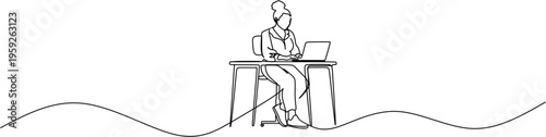 Continuous One Line Drawing of a Woman Sitting at a Desk Working on a Laptop