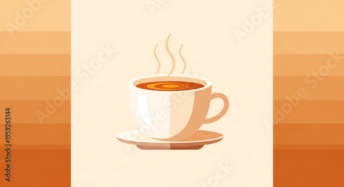 Steaming hot cup of coffee on a saucer with a warm beige and brown gradient background