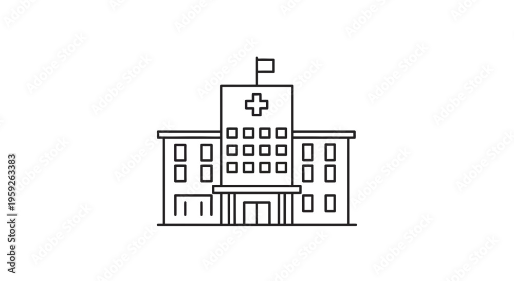 Naklejka premium Hospital Building Icon, Medical Healthcare Symbol, Clinic Facade Outline