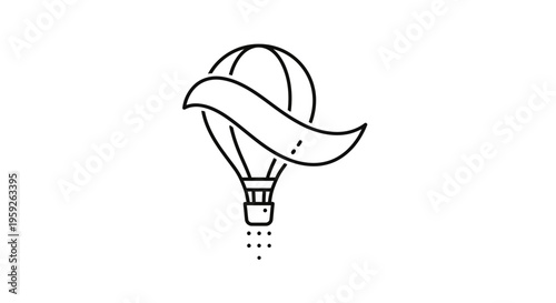 Hot Air Balloon with Ribbon Banner Icon, Travel Adventure Concept, Minimalist Line Art