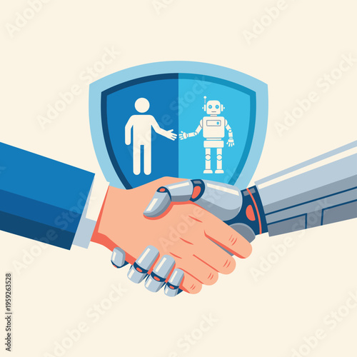 Robot and human hand in handshake.