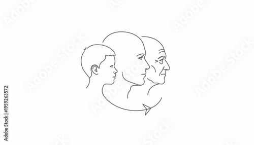 Human life cycle stages: child, adult, elderly. Aging process, time passing, generation.
