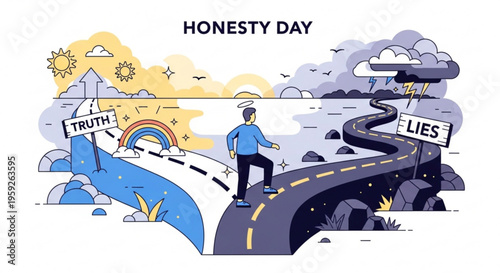 Man choosing between truth and lies on forked road to honesty and deception under sunny and stormy skies