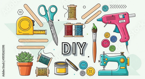 Colorful diy tools and equipment for crafting and sewing projects on a white background with the word diy