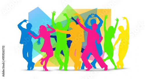 Colorful silhouettes of people dancing partying nightlife fun vibrant background