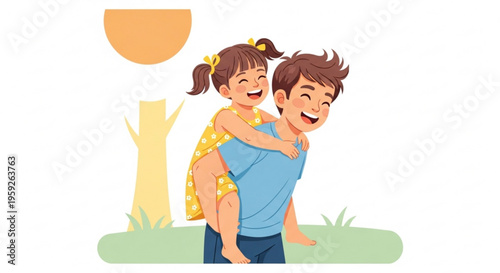 Happy father carrying little girl on back outdoors in sunny park with tree