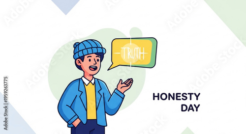 Cartoon man in blue jacket and hat talking on honesty day with speech bubble
