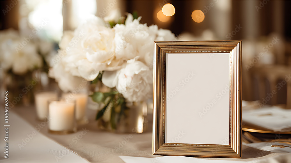 Obraz premium Elegant table setting with a blank gold frame, white floral decoration, and glowing candles, perfect for event mockups and luxury presentations