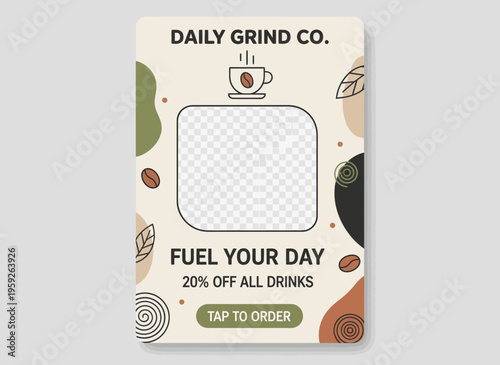 A promotional discount advertisement for drinks features a cup on a graphic card with coffee beans and a tap to order button.