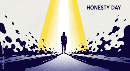 Person standing alone on road with bright light and honesty day message symbolizing truth and integrity