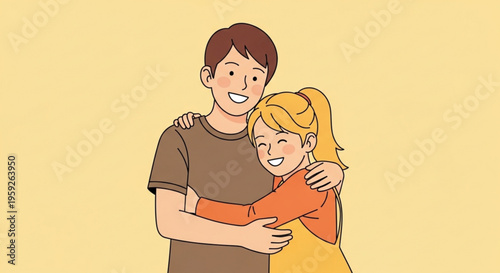 Smiling man and woman hugging each other warmly on yellow background happy couple embracing in casual clothes