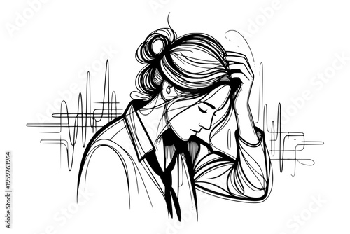 A woman shown in line art style holding her head on white background, expressing stress concept and emotion. Concept of burnout and mental problems