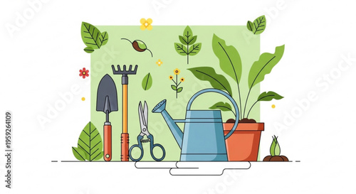 Gardening tools and plants on a table with a green background including a watering can shovel pruners and potted plants
