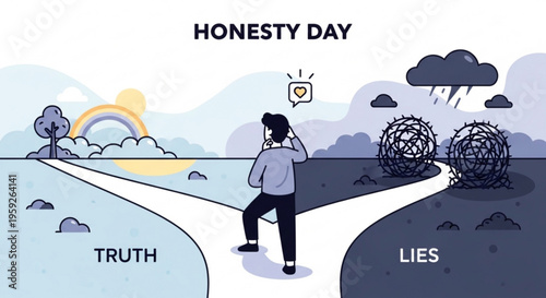 Person choosing between truth and lies on honesty day symbolizing integrity and deception