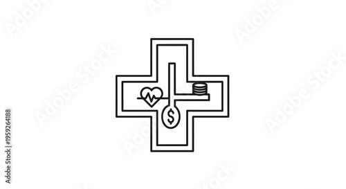 Healthcare Finance Icon: Medical Cross with Heartbeat, Dollar Sign, and Coins