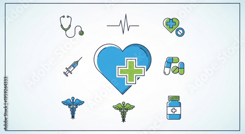 Medical icons set including heart with cross stethoscope syringe pills and bottle on white background for healthcare and wellness concepts