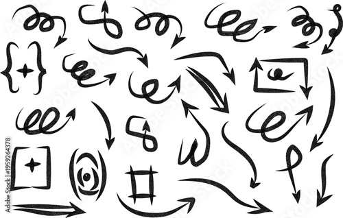 A collection of hand-drawn arrows and symbols in black and white, showcasing a variety of directional cues and graphical elements for design and illustration purposes