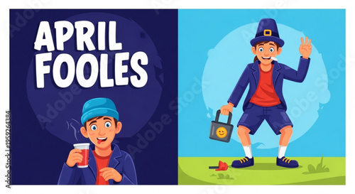 April fools' day cartoon characters pranking with a lunchbox and drink