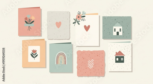 Collection of cute greeting cards with floral heart rainbow and house designs on colorful backgrounds for various occasions and emotions