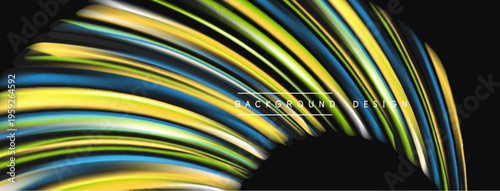 Abstract flowing lines create dynamic visual effect. Bright colors contrast dark background. Modern design element for projects.
