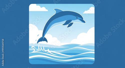 Dolphin jumping out of ocean waves with cloudy sky background aquatic mammal in motion marine life illustration
