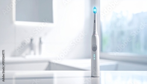 A white electric toothbrush with a glowing blue light stands on a clean white surface in a modern, bright bathroom setting.