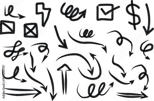 Dynamic collection of hand-drawn scribble arrows and diverse doodle symbols, perfect for adding an expressive and conceptual touch to creative projects and graphic designs