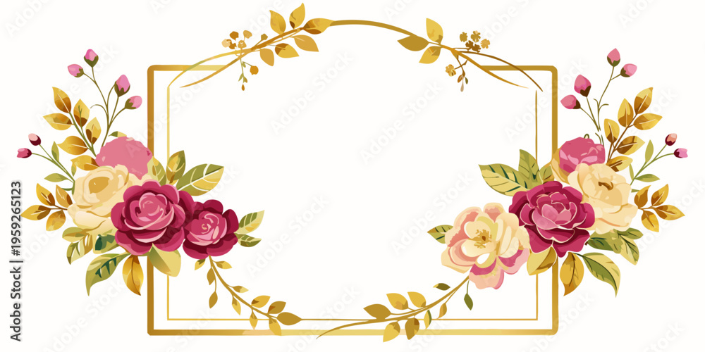 Obraz premium Elegant gold frame with roses and floral elements, vector