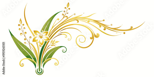 Elegant golden floral ornament with green leaves, vector