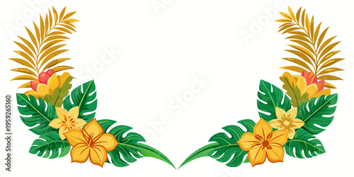 Tropical floral border with exotic flowers and leaves, vector