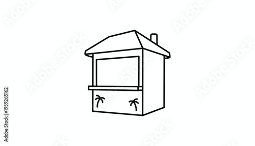 Hand-drawn illustration of a tropical beach kiosk with palm trees