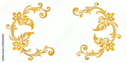 Golden baroque scrollwork decorative floral elements, vector