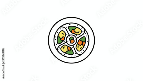 Hand-drawn illustration of sushi platter with colorful ingredients on white background