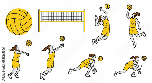 Volleyball Player Poses Set: Serve, Jump, Dig, Spike, Block - Yellow Uniforms