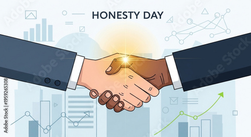 Handshake between two businesspeople on honesty day with graphs and cityscape background