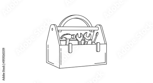 Hand-drawn Toolbox with Tools: Hammer, Wrenches, Screwdriver - Vector Illustration