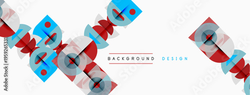 Abstract geometric pattern. Overlapping shapes create dynamic visual effect. Blue, red hues dominate white background. Minimalist design.