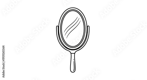Handheld Oval Mirror with Handle, Black and White Line Art Icon