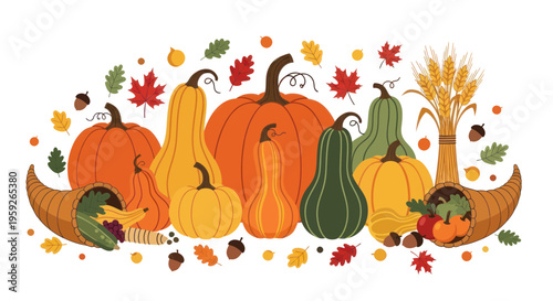 Autumn Harvest Cornucopia with Pumpkins, Gourds, Leaves, and Wheat