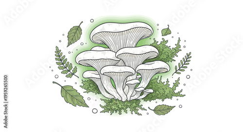 Hand-drawn cluster of white oyster mushrooms with ferns and leaves, natural forest illustration