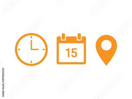 A set of orange navigation symbols displays a clock, a numbered calendar page, and a map marker on a white canvas.