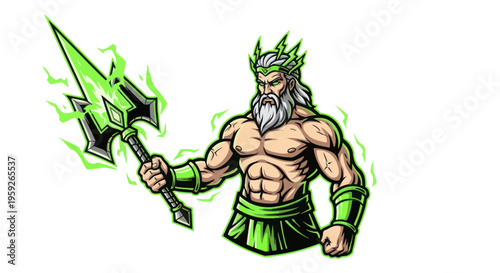 Mighty Poseidon with Glowing Trident and Green Energy Aura