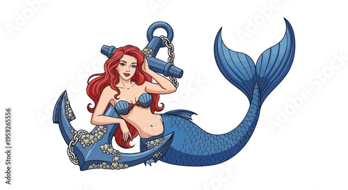 Mermaid with Red Hair Leaning on a Blue Anchor with Chain
