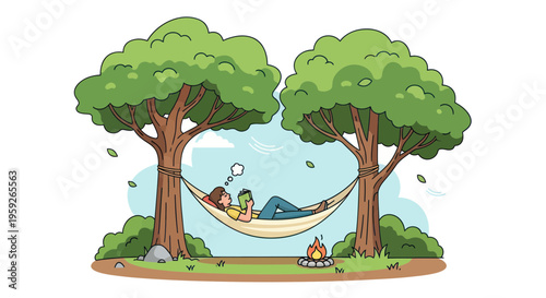 Relaxing in a Hammock Under Trees, Reading a Book, Campfire Nearby
