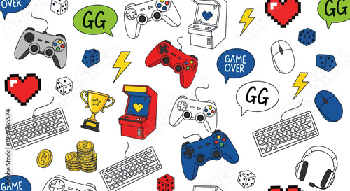 Retro Gaming Collage: Joysticks, Arcade, Pixels, Dice, and Trophies