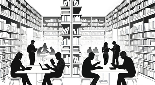 Silhouettes of people reading and studying in a library with tall bookshelves.