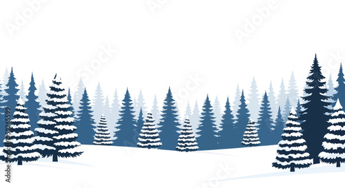 Snowy Evergreen Forest Landscape, Winter Season, Blue and White Colors